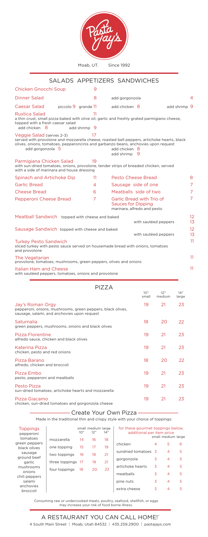 Pjs menu deals